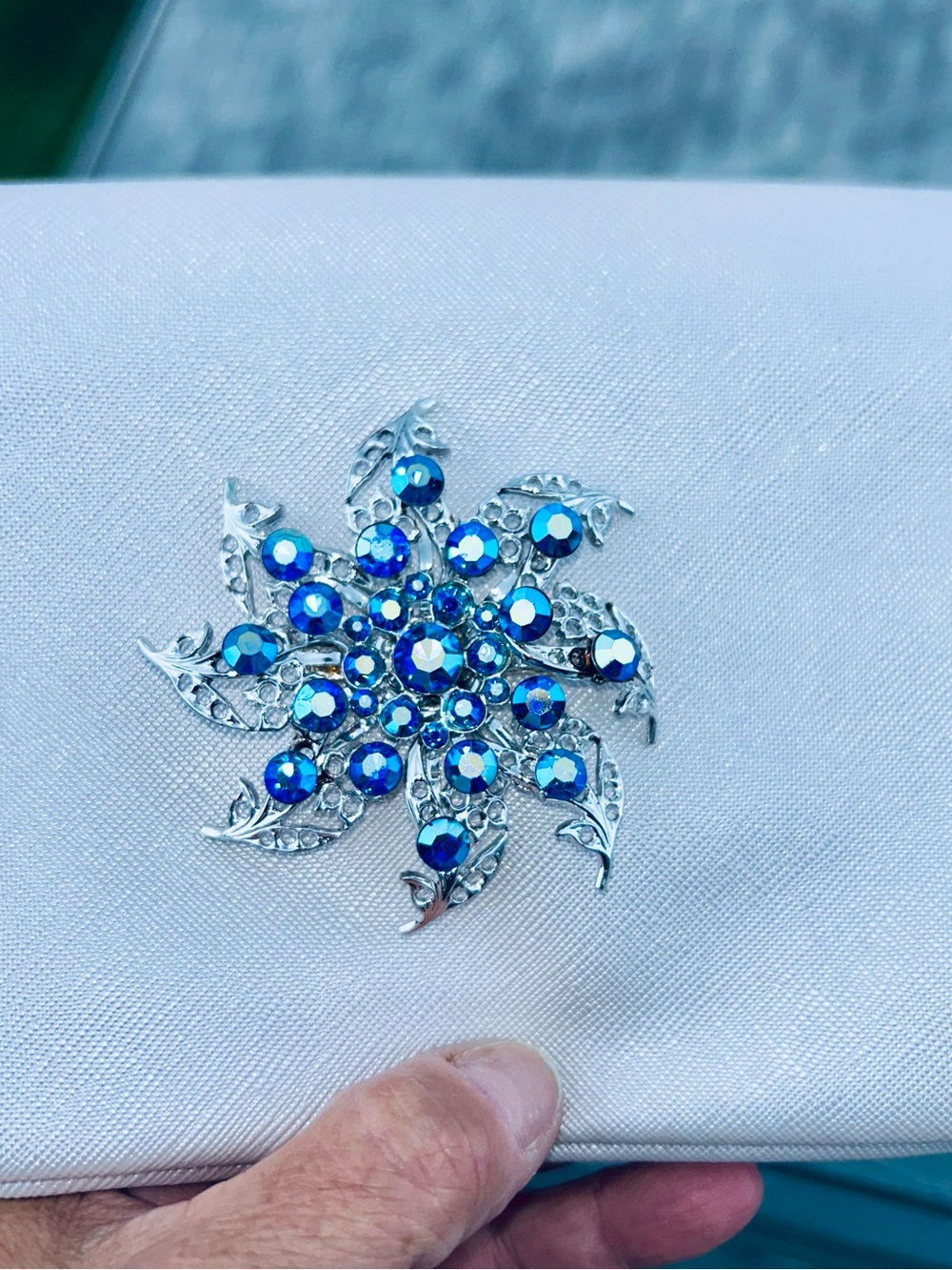 Stunning Silver Floral Brooch with Blue Crystal Accents - Women Jewelry
